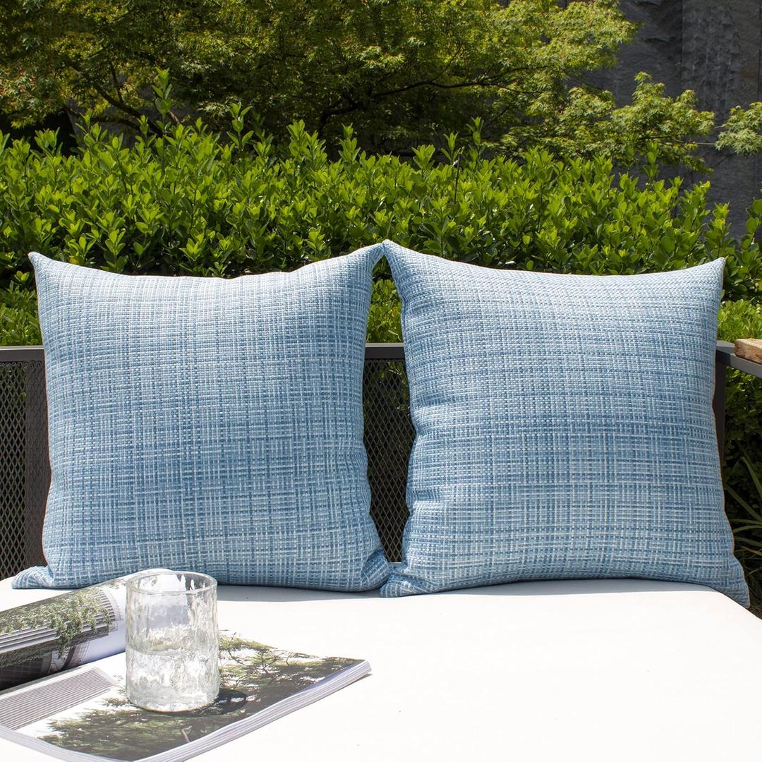 Kevin Textile Pack of 2 Decorative Outdoor Waterproof Throw Pillow Covers Stripe Square Pillowcases Modern Cushion Cases for Patio Couch Bench 20 x 20 Inch Light Blue