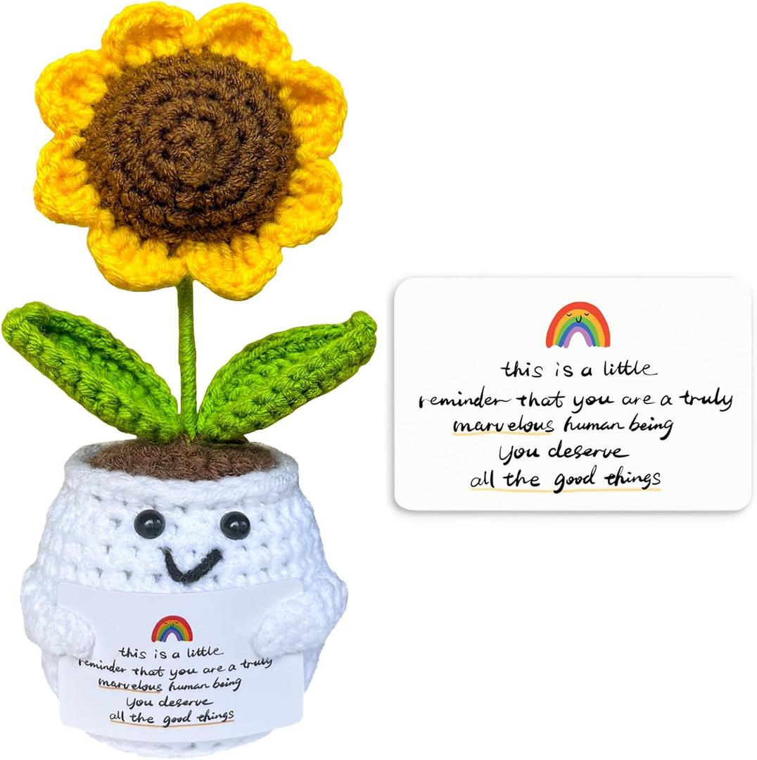 Positive Handmade Sunflower Crochet Doll - with Card Deserve All The Good Thing - Emotional Support Gifts for Teacher,Coworker,Best Friend,Mom,Dad,Sister - Birthday, for Women,Men
