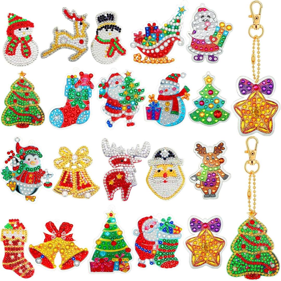Chuangdi 20 Pcs Diamond Art Christmas Ornaments Diamond Art Kit for Adult DIY Diamonds Painting Keychains Crystal Rhinestone Arts Craft Santa Snowman Xmas Party Decor Supplies