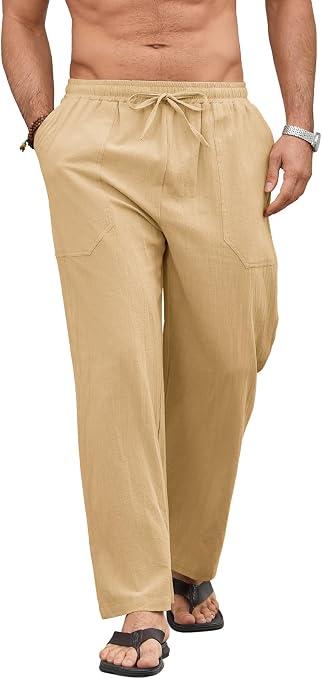 Men Linen Drawstring Pants Casual Summer Cotton Trousers Lightweight Breathable Straight Leg Vocation Beach Lounge Wear, Large