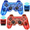 Hqeeun Wireless Controller for PS2, 2 Pack 2.4G Dual Vibration Gamepad Joystick Compatible for Play station 2, Ps-2 Game Remote with Wireless Receivers (Clear Red and Clear Blue)