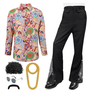 6 Pcs Men's 70s 80s Disco Outfit Costume Dance Bell Bottom Pants Retro Shirts Moustache Sunglasses Wigs Necklace L