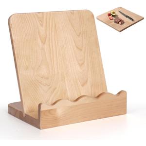 Scalloped Wooden Cookbook Stand with Removable Cutting Board – Adjustable Recipe Book Holder, Charcuterie Board & Kitchen Serving Tray – Kitchen Counte Decor/Maple Wood