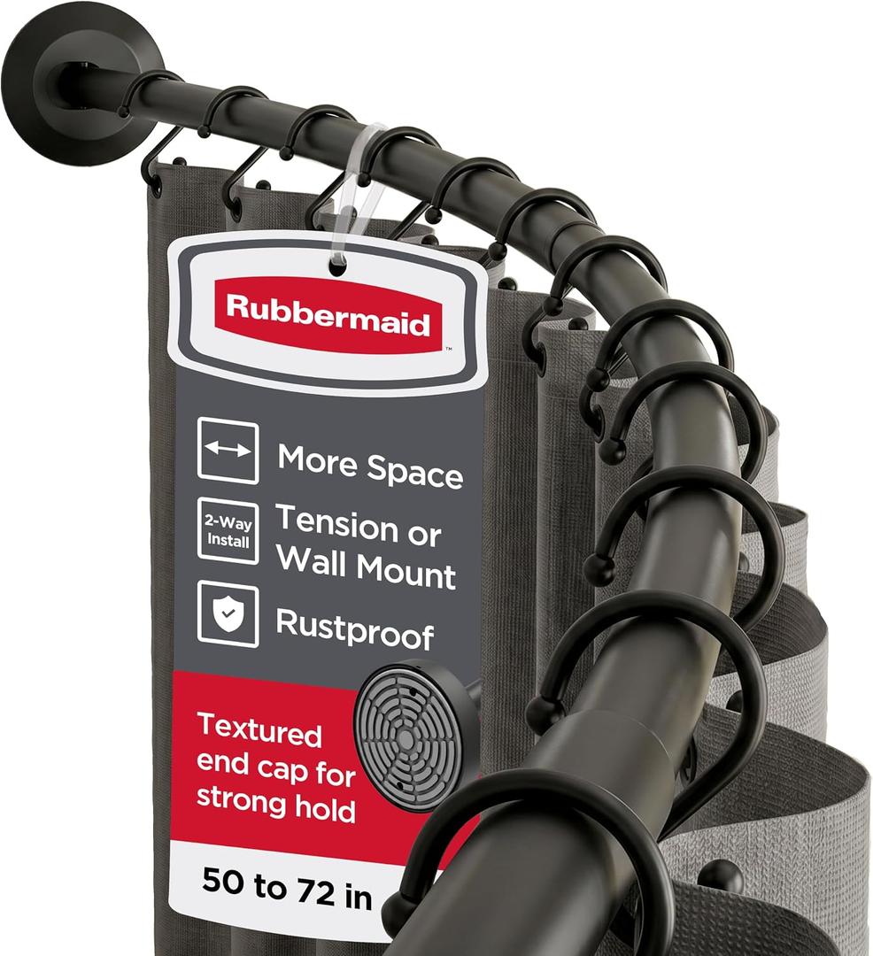 Rubbermaid Curved Shower Curtain Rod with Choice of No Drill Tension or Wall-Mount Installation, 50-72 Inches Stainless Steel Adjustable Shower Rod for Bathroom, Non-Slip, No Rust, Matte Black