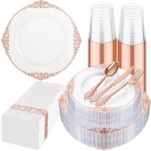 Hioasis 175pcs Clear Rose Gold Plastic Plates - Elegant Disposable Dinnerware Set Suitable for 25 Guests Include 10.25" Dinner & 7.5" Dessert Plates, Cutlery, Napkins, Cups for Party