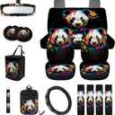 Panda Paint Splatter Pattern Car Seat Covers Full Set of 15 Steering Wheel Cover Trash Bin Air Vent Pouch Seat Belt Cover Keychains Coaster Rearview Mirror Cover