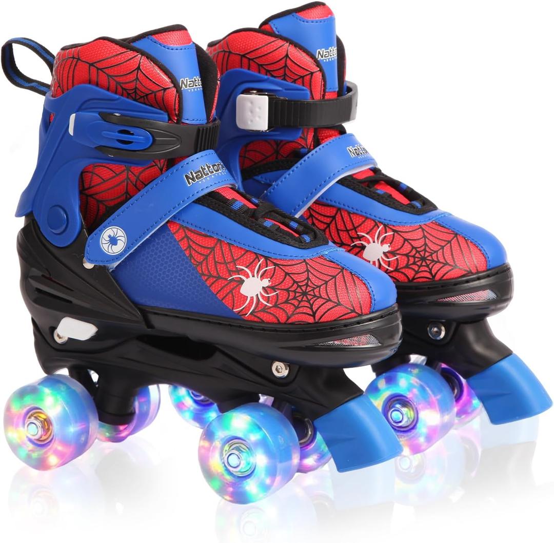 Nattork Kids Roller Skates for Boys Girls, 4 Sizes Adjustable Quad Skates for Kids with Light up Wheels,Cool Birthday Gift for Children Beginners Indoor Outdoor Sports (Medium(1-4)  Red Blue)