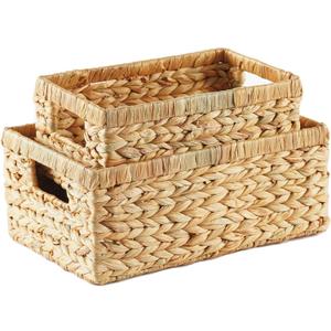 Greenatural Water Hyacinth Storage Baskets Set of 2, Handwoven Rectangular Organizer Trays with Handles in 2 Different Sizes, Nested Wicker Bins for Shelf, Bathroom, Kitchen, Office, Natural Decor (16x11.8x7 & 14x9.8x6)