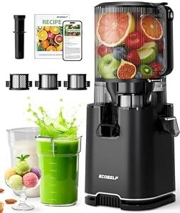 ECOSELF Juicer Machines with 3 Filters (For Juice/ Sorbet/ Nut Milk), Masticating Juicer With Wide Mouth Hopper for Vegetables & Fruits, Self Feeding & Hands-Free Juicer With Pusher, Premium Black