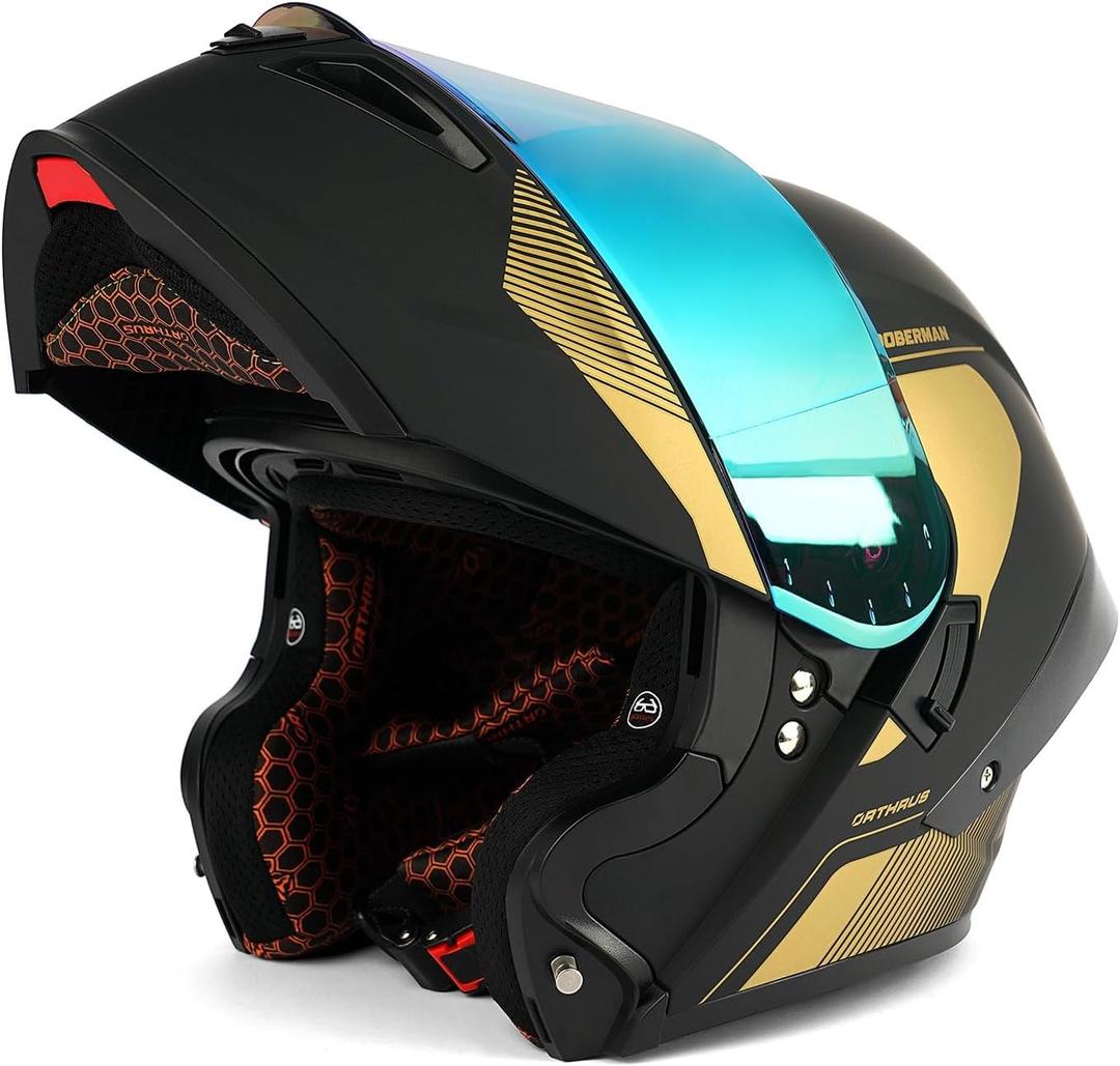 Orthrus Modular LED Full Face Motorcycle Helmet - DOT Approved Flip-Up Dual Visor Sun Shield & Bluetooth Ready for Adults Men Women - Street Bike/Motocross (Dobermann Gold, L) (Large, Dobermann Gold)