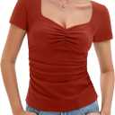 Amoretu Womens Sweetheart Neckline Tops Short Sleeve Fitted Ruched Going Out Shirts (Small, Rust Red)