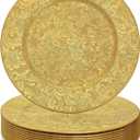 ZOOFOX 12 Pack Gold Charger Plates, 13" Plastic Round Antique Plate Chargers for Dinner Plates, Floral Charger Plates for Wedding Dinner Party Table Setting Decor