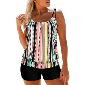 MODLILY Tummy Control Tankini Swimsuits for Women, Lightweight Bathing Suits Blouson Top with Boyshorts (Rainbow Striped, L)