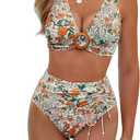 BMJL Womens High Waisted Bikini Sets Floral Two Piece Swimsuits V Neck Tummy Control Bathing Suits (Medium)