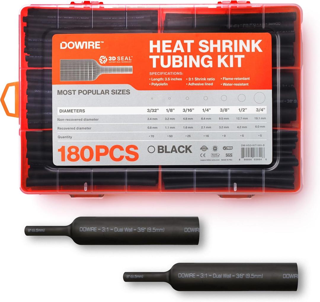 3 x Dowire Heat Shrink Tubing Kit - 3:1 Ratio - Adhesive Lined - Wire Shrink Wrap Tubing - Waterproof Marine Grade Shrink Tube - 180 PCS - Black