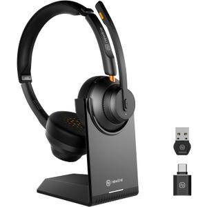 Wireless Headsets with Mic, 5.1 Bluetooth Headset with AI Noise Cancelling Microphone, 48Hrs Computer Headphones w/USB Dongle & Charging Base, for Office, Remote Work, Call Center, Gaming (Black)