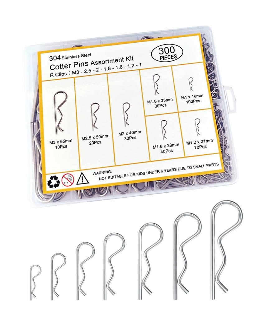 300 Pcs Cotter Pins Assortment Kit - 7 Sizes Hitch Pin Clips 304 Stainless Steel R Clips , Kotter Pin Clips for Trailer Hitch, Lawn Mower, Automotive
