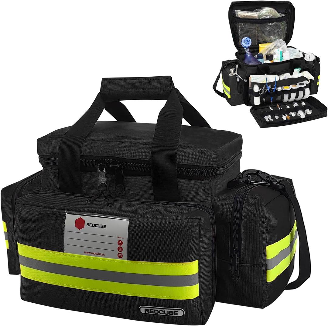 REDCUBE Emergency Bag, First Aid Bags Empty, Professional Emergency Responder Trauma Bag Medical Bag with Multiple Compartment Kit Carrier for EMT, EMS, Paramedics(Black)(Bag only)
