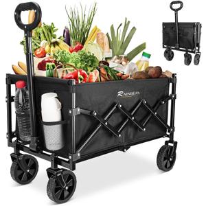RAINBEAN Collapsible Wagon Cart Foldable Heavy Duty Folding Wagon Large Capacity Shopping Cart Utility for Camping Garden Beach Sports Fishing, Black (264lbs) (100L)