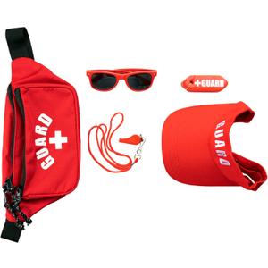 Lifeguard 6 Piece Accessories Kit - Fanny Pack First Aid Pouch w/Adjustable Waist Hip Strap, Red Sun Visor w/Adjustable Strap, Whistle & Lanyard, Red Sunglasses, Rescue Tube Float Keychain