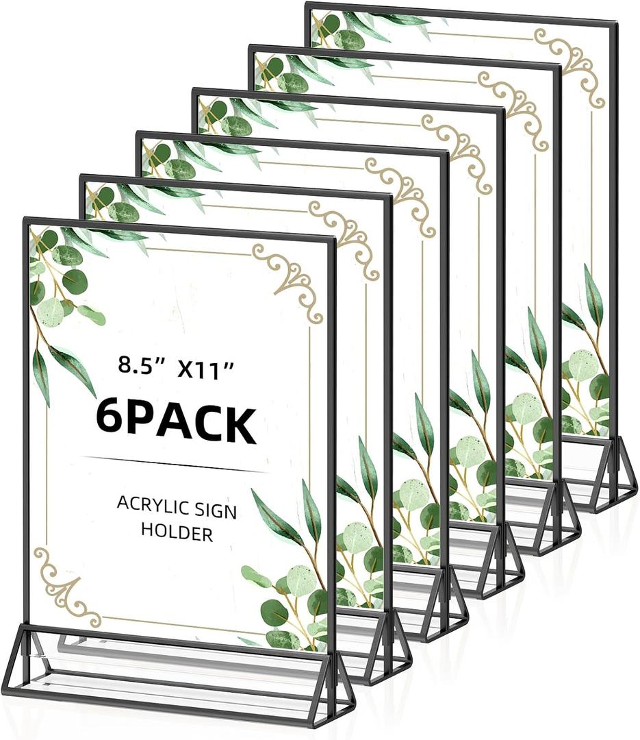 8.5x11 Picture Frame Black Acrylic Sign Holder Double-Sided Display Stand for Wedding Signs Table Numbers Menu Holders Pack of 6