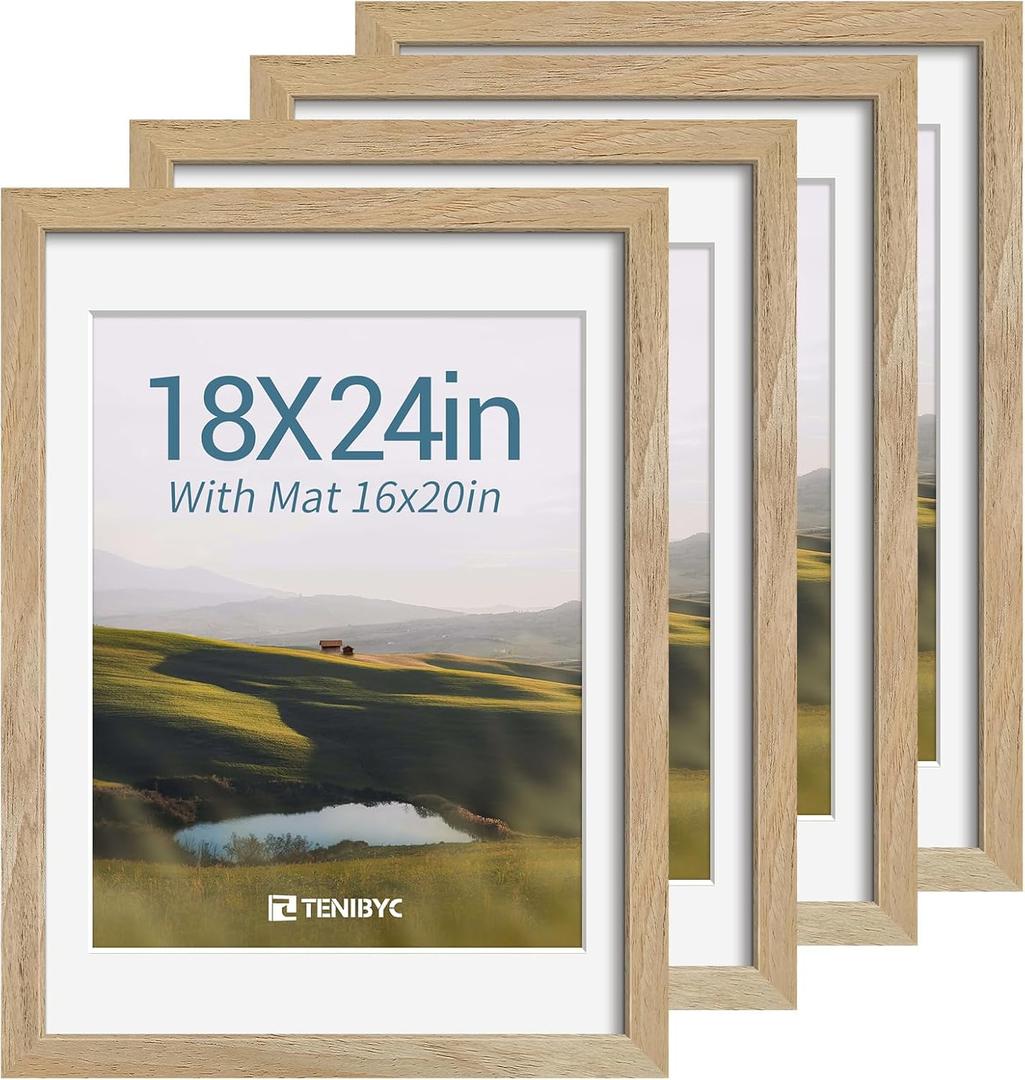 18x24 Poster Frame 4 Pack, 16x20 Mat, Natural Wood, for Picture