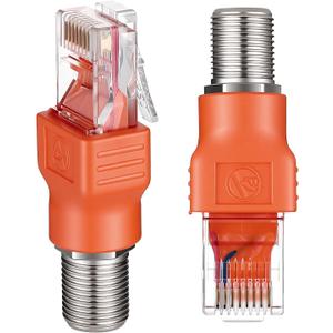 Coax to Ethernet Adapter 2PCS F-Type Female to RJ45 Male Coaxial Converter, Orange F Female-to-RJ45 Male Ethernet Adapter, Coax-Straight Connector Coaxial Coupler Coax Straight Connector
