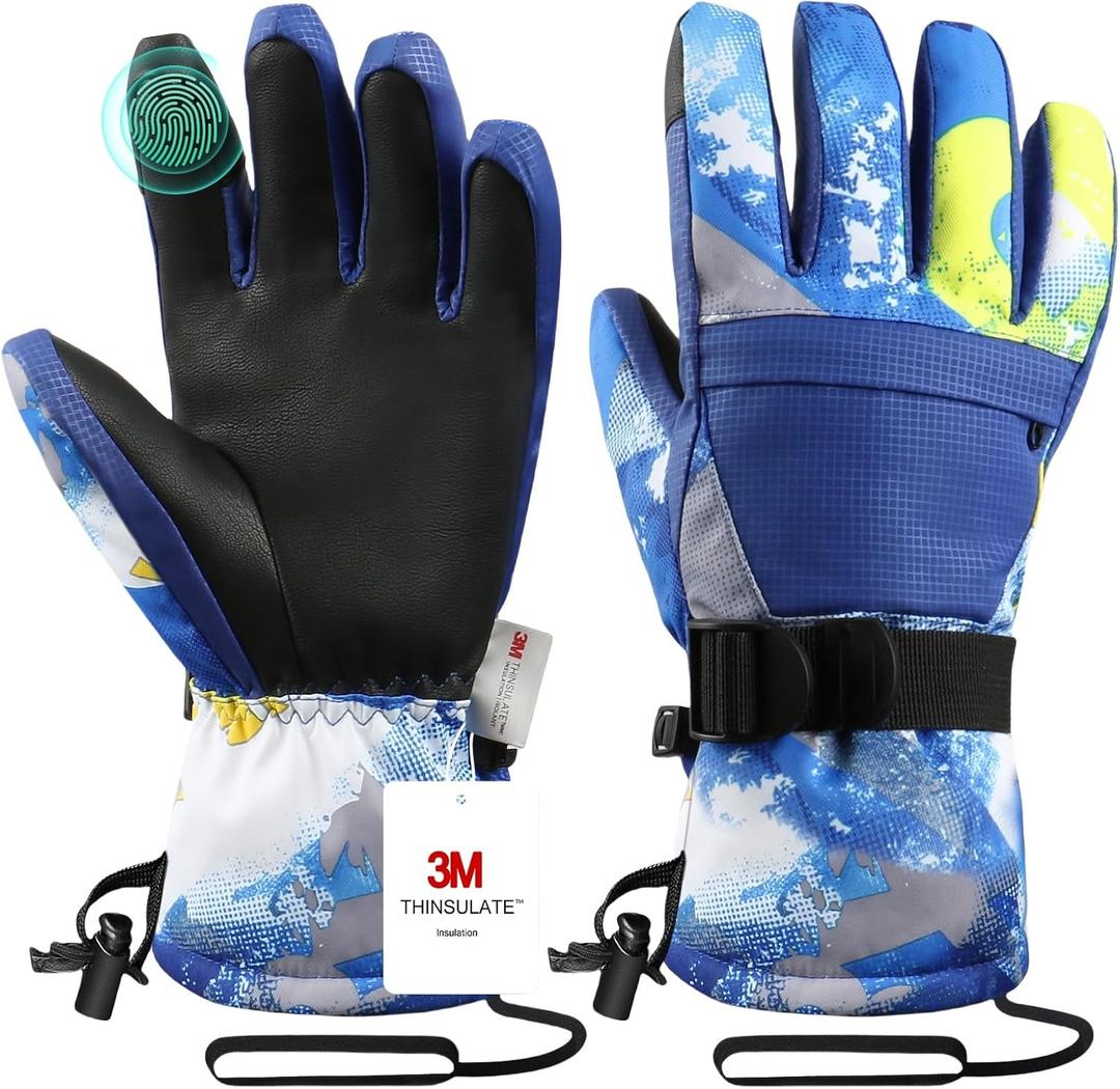 Ski Gloves,Winter Snow Waterproof Gloves Touchscreen Skiing & Snowboarding Cold Weather Glovess,Fits Both Men & Women,for ParentChild Kids with Wrist Strap (XXXS(Fit Kids 2-4 Years), Blue)