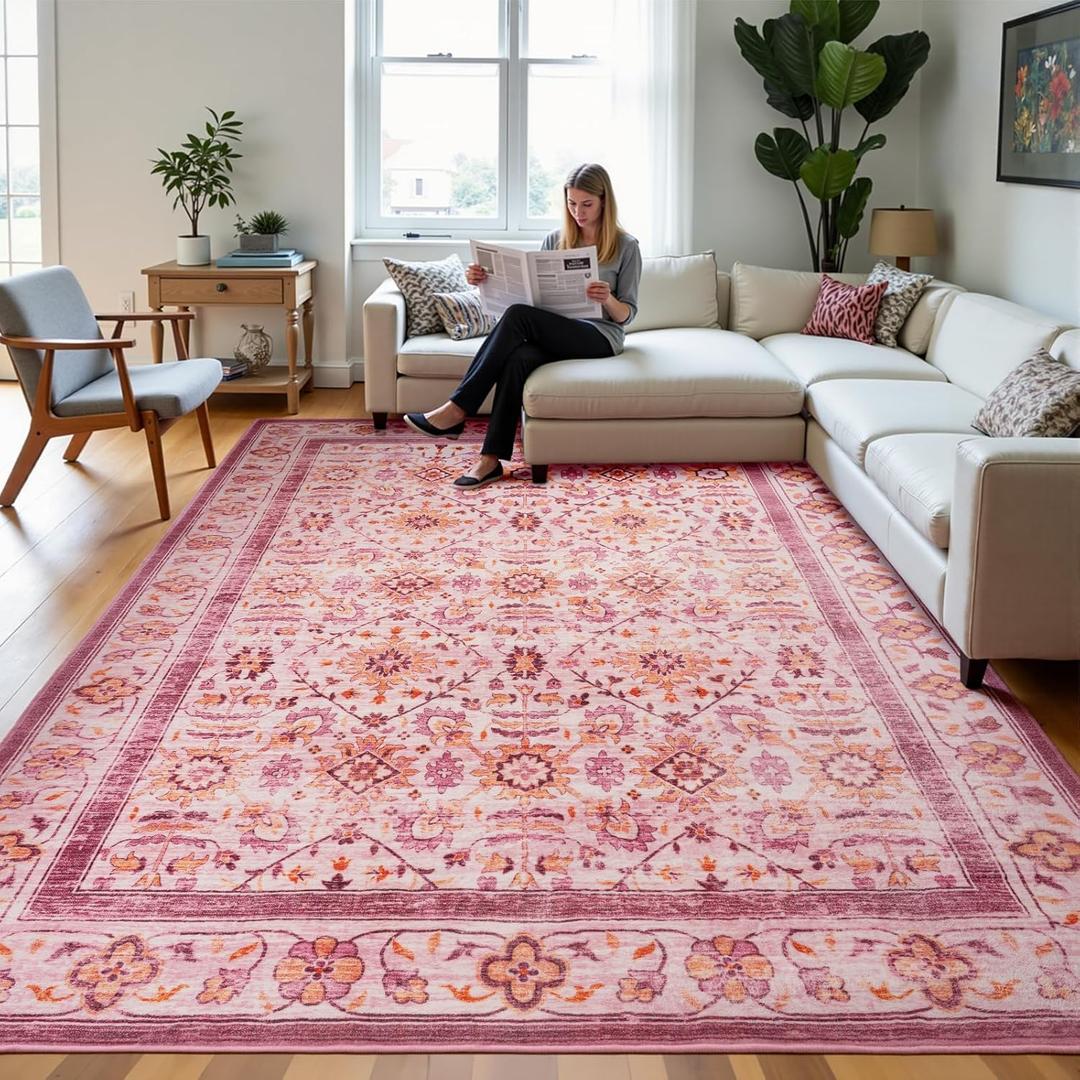 Zentavio Area Rugs 8x10 Washable Non-Slip Kid & Pet Friendly Living Room Carpets Vintage Floral Foldable Thin Low Pile Rug for Bedroom Kitchen Dining Room Pink