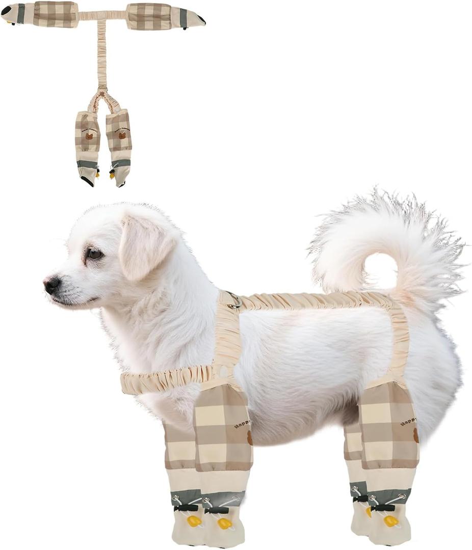 Anti-Dirt Pants for Small Dogs, Waterproof Dog Pants Dust Free Full-Leg Protective Dog Suspender Rain Boots Leggings Anti-Slip Paw Protector Shoes for 6-11 lbs Pets Outdoor Hiking Walking (Plaid)