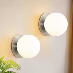 2 Pack Modern Brushed Nickel Wall Light Fixtures, Mid-Century Globe Glass Wall Sconces Set of Two for Bathroom Mirror, Living Room, Hallway, Entryway (Bulbs Not Included)