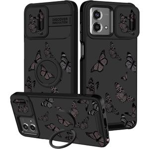 Funermei for Moto G Stylus 5G 2023 Case - Butterfly Women Cute Girls Phone Cover Girly Pretty Aesthetic Black Butterfly Unique Design with Camera Cover and Ring Stand for Motorola G Stylus 5G Case