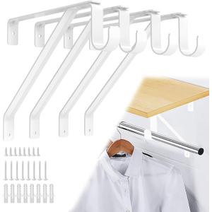 Pisman Adjustable Closet Rod Bracket Heavy Duty,Shelf Bracket with Rod Holder- White Closet Rod Support & Closet Shelf and Rod Bracket for Storage, 10 Inch 4pcs