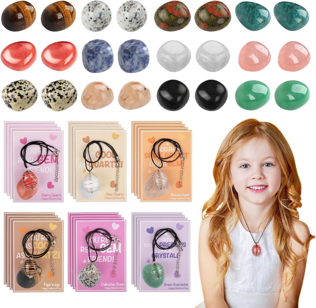 Valentines Day Cards for Kids School, 28 Sets Valentines Day Cards Natural Gemstone Crystals Rocks Minerals Bulk, Valentine Exchange Card for Kids Girls Boys Class Classroom Party Favors (Style 3)