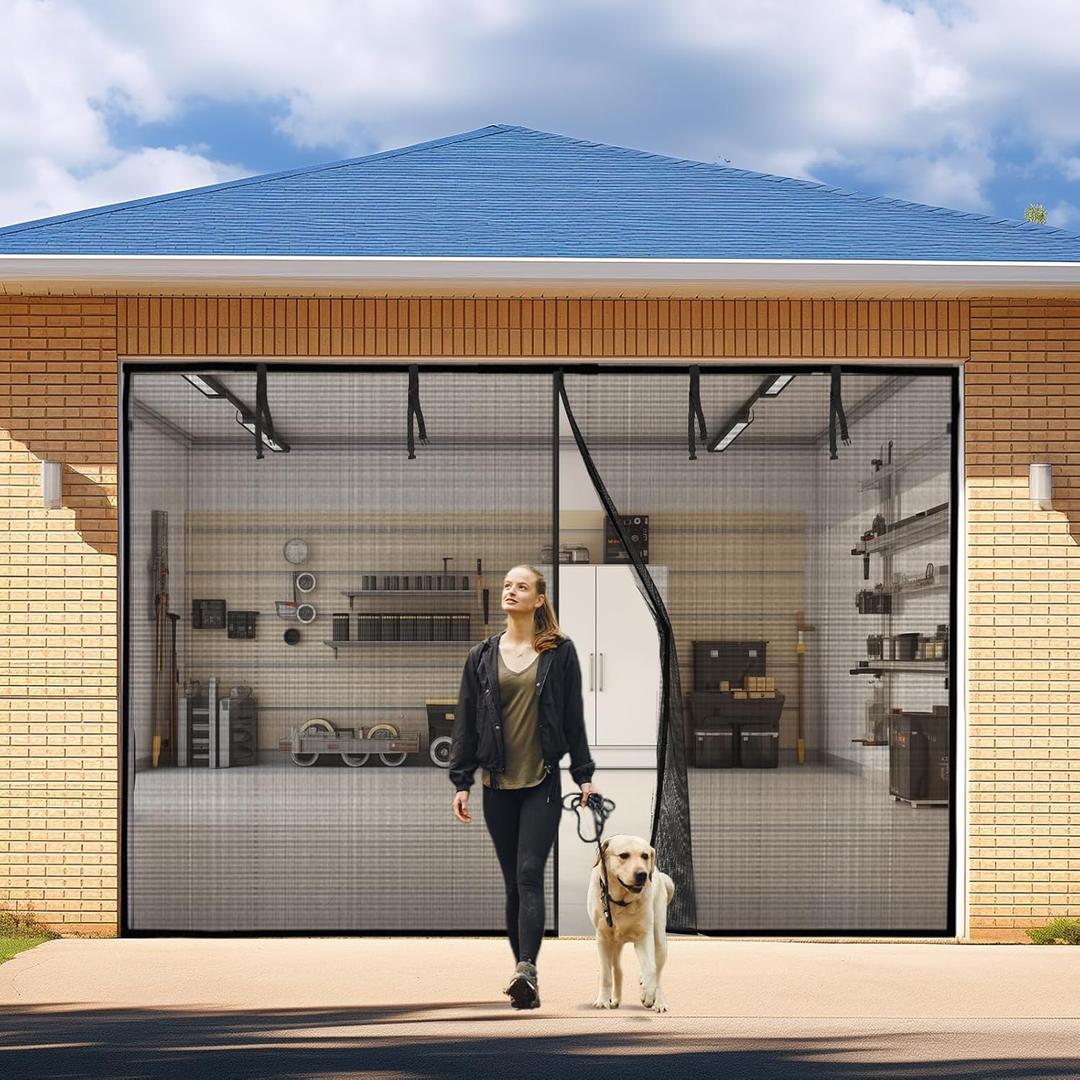 Garage Door Screen: 10x8FT Garage Screen Door Reinforced Magnetic Closure Garage Screen, Heavy Duty Weighted Bottom Garage Net Screen with 4 Strapping Tapes, Hands Free, Easy Assembly (Black)