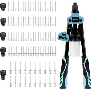 Meiwaltee 13" Rivet Gun, 1/4 Pop Rivet Gun with 100 Pcs Rivets, Manual Hand Heavy Duty Riveter with 5 Nosepieces for Plastic Metal,Aluminum, Plastic, Tube Stock,Gutter & Automotive.
