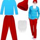 Mepase 3 Pcs Adult Costume 80s 90s TV Show Character Cosplay Blue Outfit Shirt Pants and Hat Mens Costume (Medium, Red)