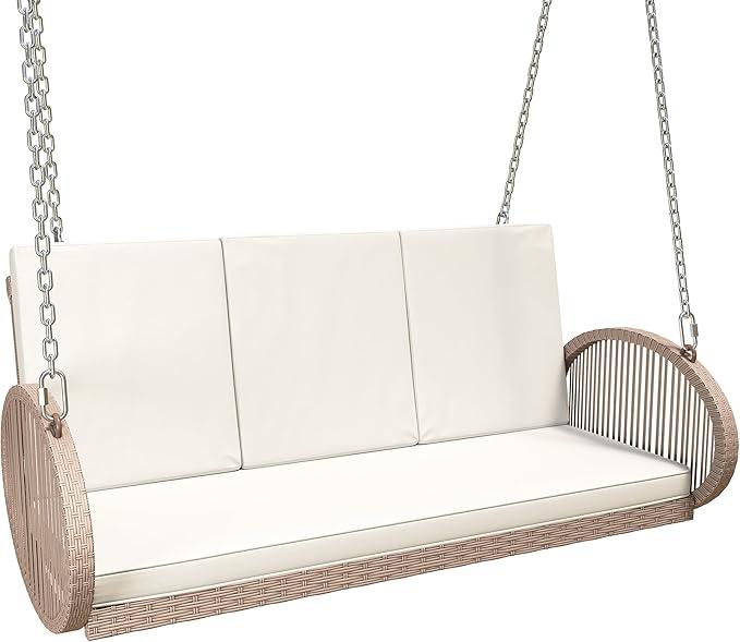 YITAHOME Outdoor Porch Swing, 3-Seater Patio Swing Chair with 4 Comfort Cushions, Sturdy Iron Frame, 800lbs Capacity, Wicker Hanging Bed for Backyard, Garden, Patio, Bedroom (Beige)