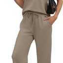 WIHOLL Two Piece Set for Women Summer Outfits Vacation Lounge Sets Round Neck Matching Sets Wide Leg Crop Pants (Beige, XL)