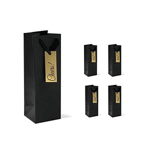 Purple Q Crafts Black Wine Bag for Wine Bottle Whiskey/Spirits, Reusable Bag with 4 Gold CHEERS Tags, Laminated for Extra Strength. (4 Pack)