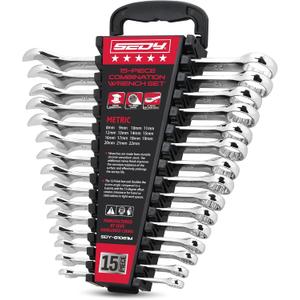 15-Piece Metric Combination Wrench Set, 822mm 12-Point Open End and Box End Wrench Kit with Organizer, Chrome Vanadium Steel Tools for Mechanics, Garages and Workshops