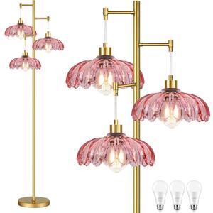 QIYIZM Pink Floor Lamp for Living Room,Bedroom,Gold Mid Century Modern Standing Lamp Brass Tree 3 Light Tall Floor Lamps Vintage Retro Floor Lights Glass Flower Lamp Shade Farmhouse Boho Bohemian