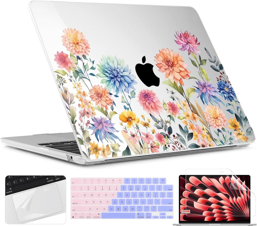TWOLSKOO for MacBook Air 13 inch Case M5 2026 M4 2025 M3 M2 2024-2022 A3449 A3240 A3113 A2681, Plastic Hard Shell & Keyboard Cover & Screen Film for MacBook Air 13.6 inch Case, Beautiful Flowers