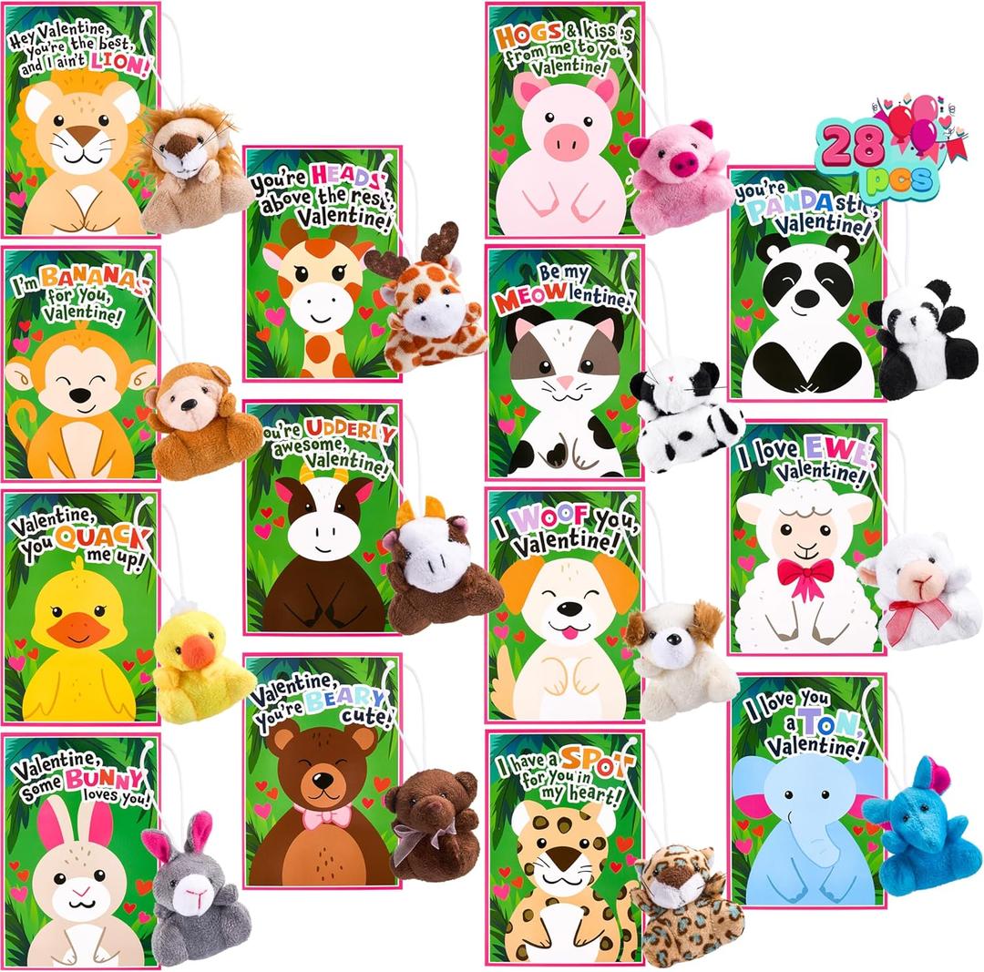 JOYIN 28 Pack Valentine's Day Gifts Cards for Kids with Plush Toy Key Chain Stress Relief Fidget Toy for Classroom Exchange Cards and Kids Party Favor