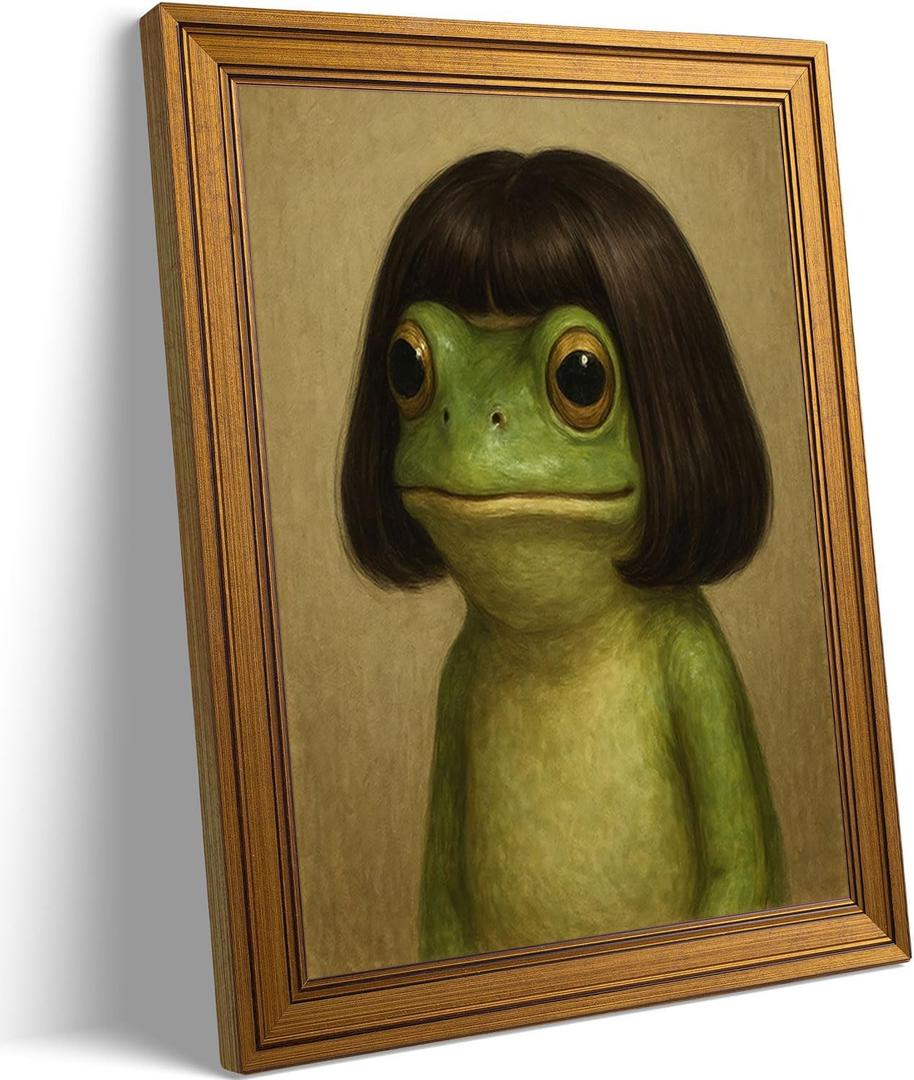 Vintage Gold Framed-Whimsical Frog Wall Art,Eclectic Frog Canvas Prints,Retro Animal Picture Artwork Wall Decor for Living Room Bedroom Bathroom 9x11-inch
