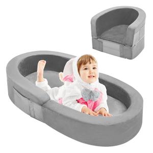 Toddler Travel Bed-Portable Toddler Bed, Foldable 2-in-1 Travel Toddlers Kids Sofa, Soft Foam Toddler Cot with Washable Cover, Convertible Sofa for Toddler and Kids for Indoor&Outdoor Use (Grey)