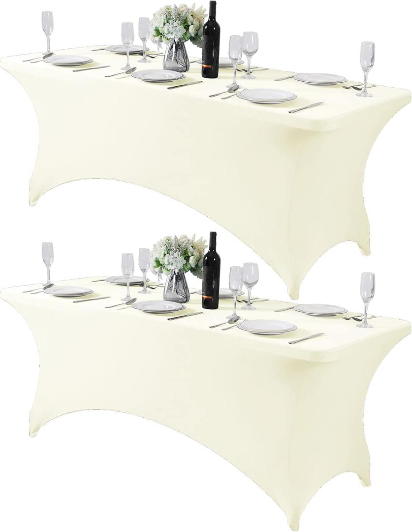 2Pack Spandex Table Cover for 6Ft or 4fT or 8ft Table Universal Fitted Stretch Tablecloth for Party, Banquet, Wedding and Events-Ivory