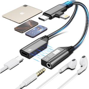 Magnetic Lightning + USB C to 3.5mm Headphone and Charger Adapter,【Apple MFi Certified】 2-in-2 USB C/Lightning to Aux Audio Jack with PD Fast Charging Cable Compatible with iPhone 16/15 /14/Samsung
