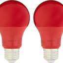 Amazon Basics A19 Red Color Party LED Light Bulbs, 60W Equivalent, 9W Energy Efficient, E26 Standard Base, Non-Dimmable, 10,000 Hour Lifetime, 2-Pack