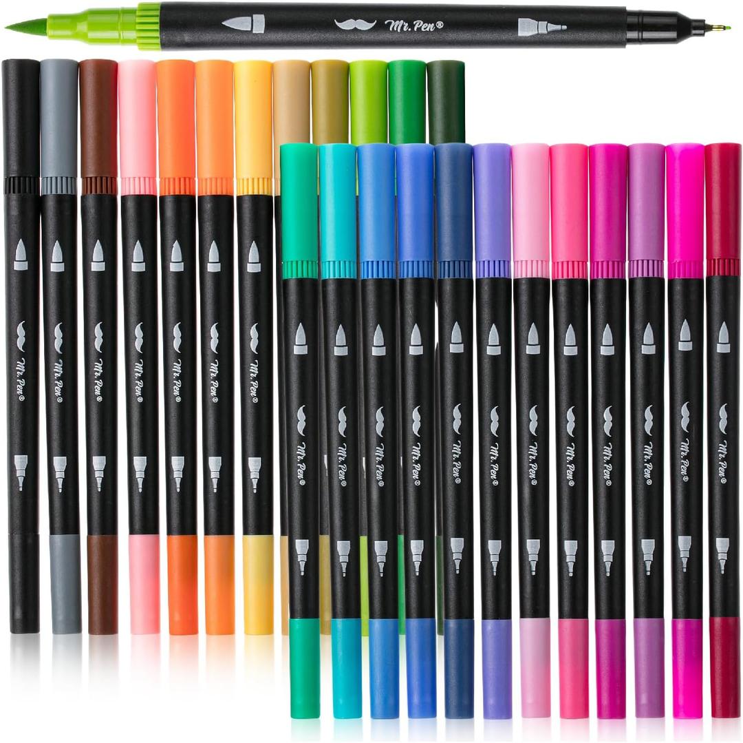 Mr. Pen- Dual Tip Brush Pens, 24 pcs, Assorted Color, Fine & Brush Tip Markers for Adult Coloring Markers for Adults